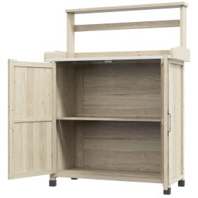 Outdoor Wooden Potting Bench with Storage Cabinet, Shelves, Galvanized Plated Tabletop for Backyard, Balcony, Natural