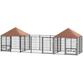 Large Outdoor Dog Kennel With 2 Rooms, Rotating & Adjustable Height Bowls, Waterproof & UV-Resistant Canopy (Option: Black)